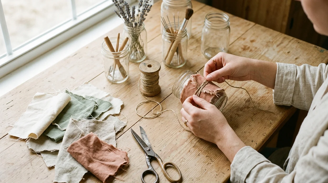 Flat-lay of a home craft workspace with upcycled glass jars, natural twine, and fabric scraps, with hands shaping materials in soft natural light.