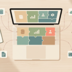 Illustration of a laptop showing modular application blocks connected to database, cloud, and payment icons, representing a composite application framework