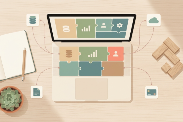 Illustration of a laptop showing modular application blocks connected to database, cloud, and payment icons, representing a composite application framework