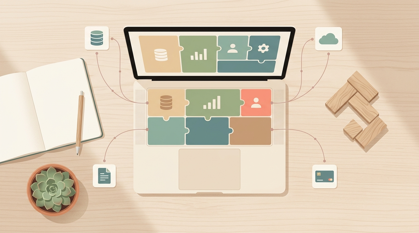 Illustration of a laptop showing modular application blocks connected to database, cloud, and payment icons, representing a composite application framework