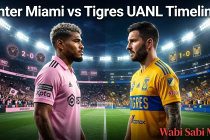 Inter Miami vs Tigres UANL timeline featuring players from both teams during a football rivalry match