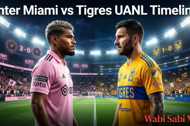 Inter Miami vs Tigres UANL timeline featuring players from both teams during a football rivalry match