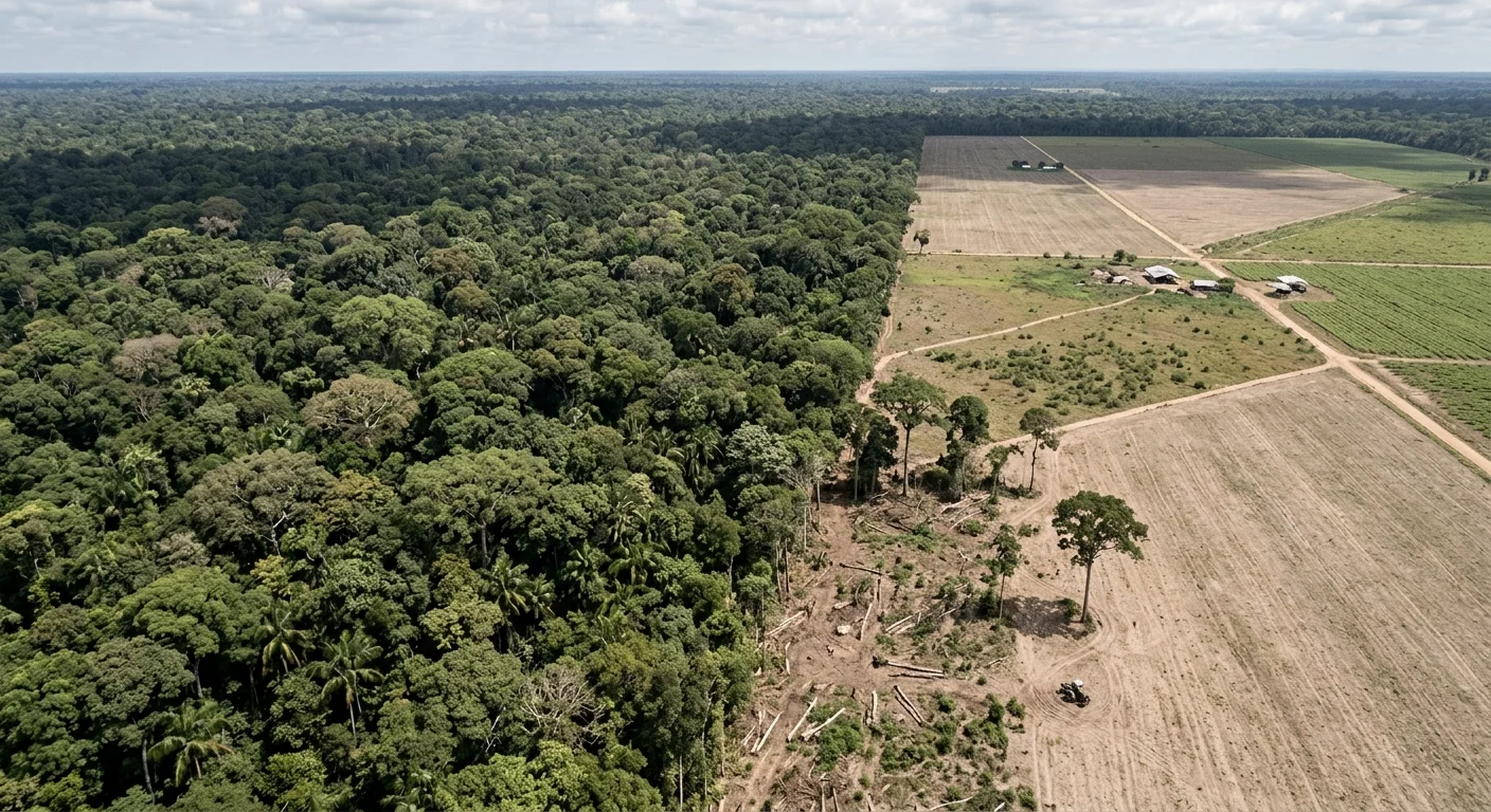 Aerial view of deforestation bordering untouched rainforest in South America, illustrating habitat loss facing tiger cat species