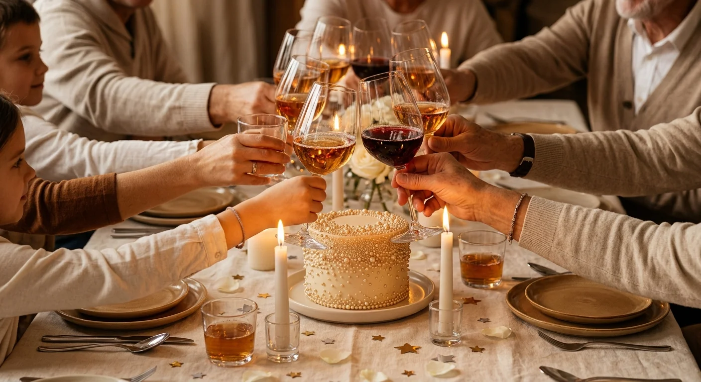 Family members raising glasses in a toast at a diamond birthday celebration dinner