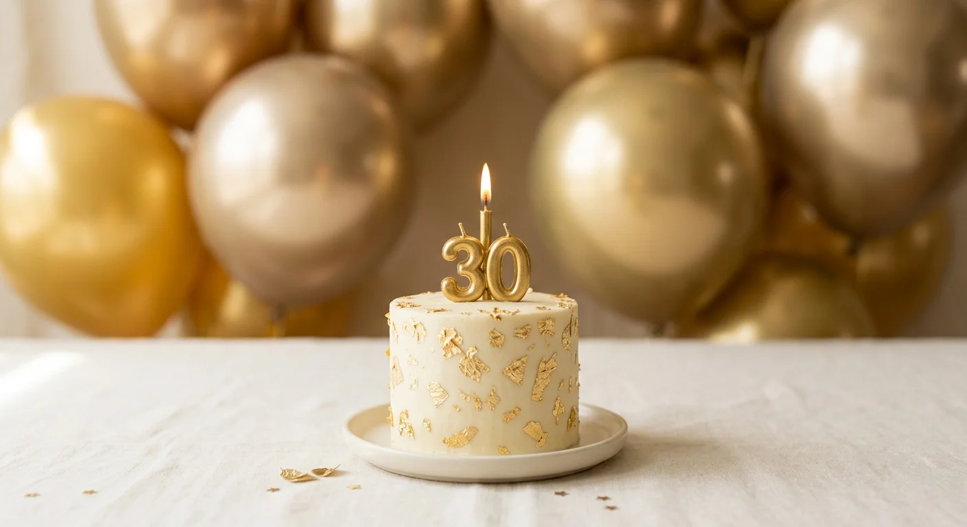 Golden birthday cake with a gold number candle and gold balloons in the background