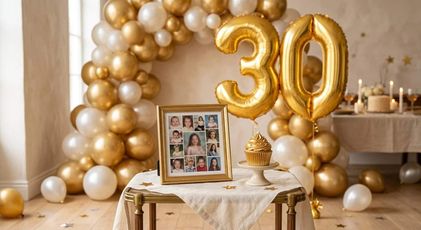 Golden birthday photo corner with gold balloons, a childhood photo display and a gold cupcake