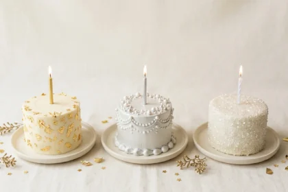 Three birthday cakes decorated in gold, silver and sparkling diamond styles representing a golden birthday, platinum birthday and diamond birthday