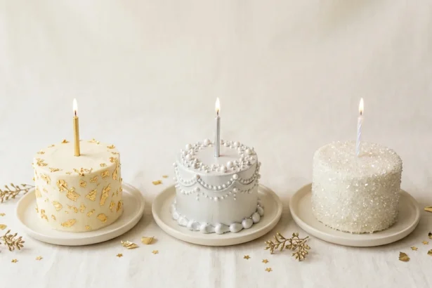 Three birthday cakes decorated in gold, silver and sparkling diamond styles representing a golden birthday, platinum birthday and diamond birthday