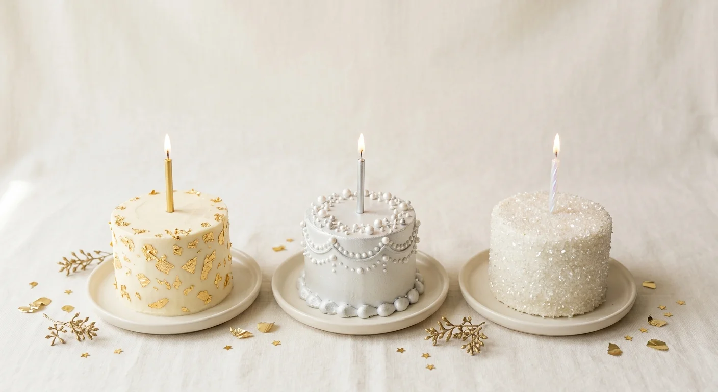Three birthday cakes decorated in gold, silver and sparkling diamond styles representing a golden birthday, platinum birthday and diamond birthday