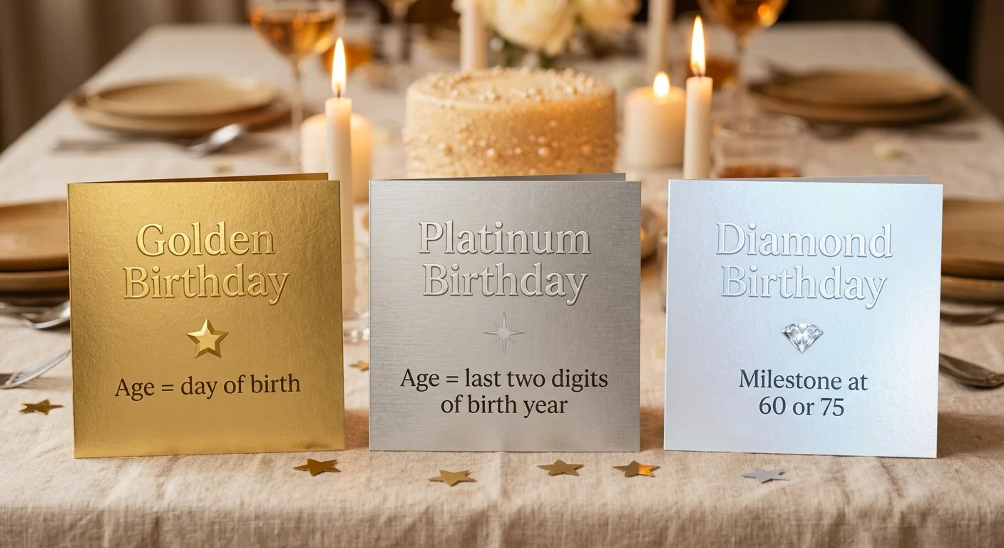 Comparison graphic of golden birthday, platinum birthday and diamond birthday meanings side by side