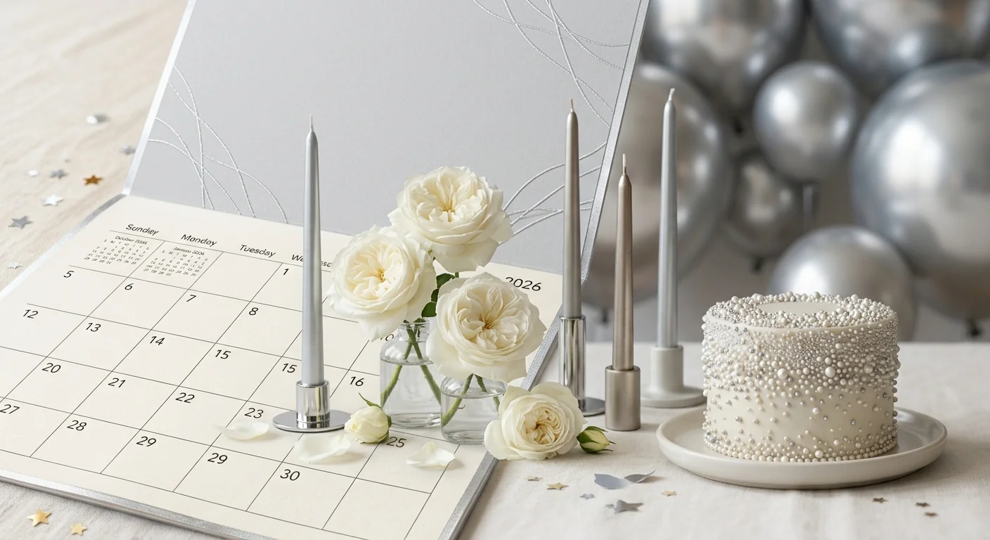 Elegant platinum birthday table with white roses, silver candles and a white pearl-decorated cake